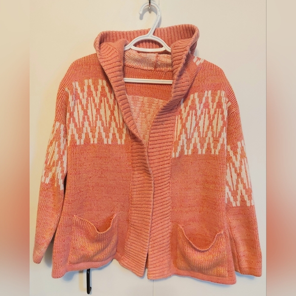 Vintage 70's Coral heavy knit cardigan Fair Isle print pointed hood thick warm - Picture 3 of 8